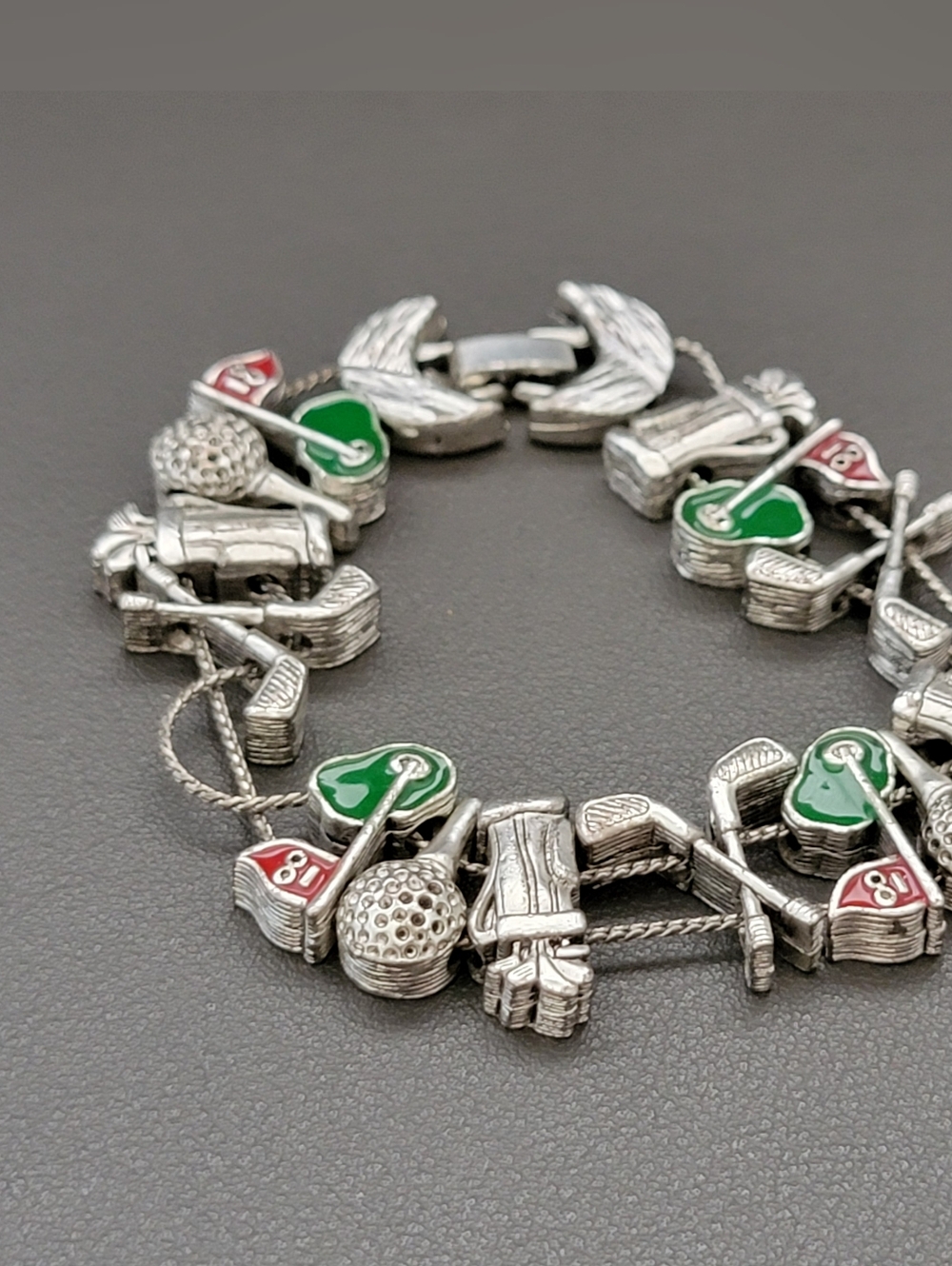 Vintage Golf Charm Bracelet | Silver Tone Enamel Golf Clubs, Ball & Green